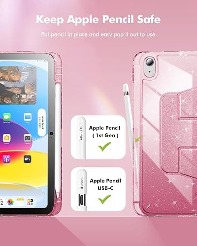 INFILAND Case for iPad A16 11-inch 11th Generation, iPad 10th Generation Case 10.9 Inch for Kids, Girls, 360 Rotating Cute Glitter Cover with Crystal Clear Back, Pencil Holder (Pink) thumbnail 4