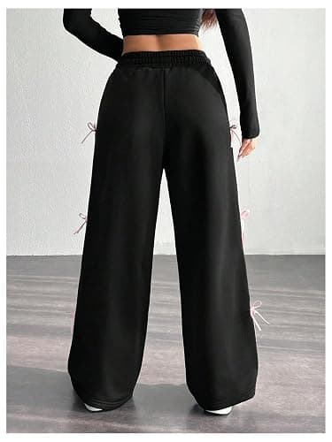 GORGLITTER Women's Bow Y2k Sweatpants Drawstring Wide Leg Baggy Flare Coquette Pants Trousers - Large - Black thumbnail 4