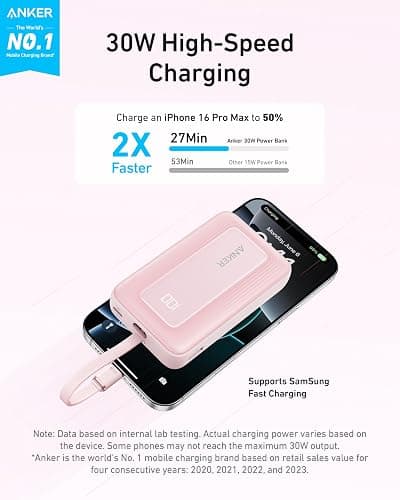 Anker Portable Charger, 10,000mAh 30W Power Bank, USB-C in and Out Fast Charging Battery Pack, Travel Essential Phone Power Bank, for iPhone 16/15/14/13/12, iPad, MacBook, Galaxy, Google, and More - Pink - 10,000 mAh thumbnail 2