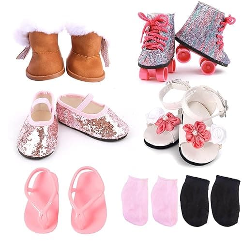 18” Doll Shoes, 5 Pairs of Doll Shoes+2 Socks 18 inch Doll Accessories Includes Snow Boots/Roller Skates/Sandals/Flip-Flops/Dance Shoes/Pink/Black Socks for American Doll Boy or Girl Dolls