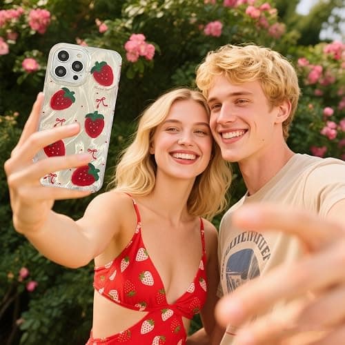 Tewwsdi Cute Glitter Strawberry Phone Case with Charm for iPhone 15,Kawaii Red Bow Polka Dot Design Aesthetic Fruit Summer Phone Girly Women，Never Fade ，1.5mm Raised Edges Protect(with Charm,6.1”) thumbnail 3