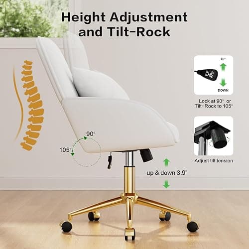 Home Office Desk Chair Comfy with Adjustable Swivel Wheels, Modern Velvet Makeup Vanity Chair with Back & Pillow, Ergonomic Office Chair Computer Task Chair for Living Room, Bedroom, White thumbnail 2