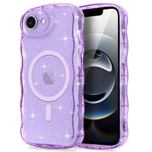 Pepmune Magnetic for iPhone 17e/16e Case Clear, Sparkly Bling Glitter Cute Curly Wave Transparent Cover for Women Girls Compatible with MagSafe TPU Shockproof Phone Case for iPhone 16e/17e, Purple - Image 1