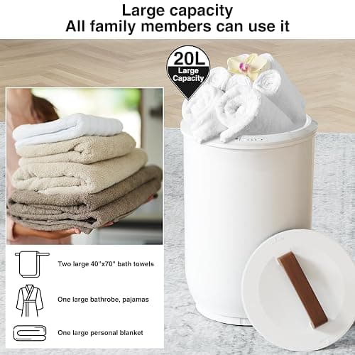 SAMEAT Heated Towel Warmers for Bathroom - Large Towel Warmer Bucket, Wood Handle, Auto Shut Off, Fits Up to Two 40"X70" Oversized Towels, White thumbnail 5