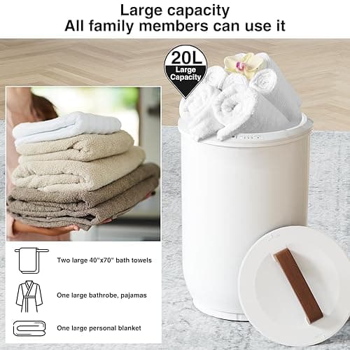 SAMEAT Heated Towel Warmers for Bathroom - Large Towel Warmer Bucket, Wood Handle, Auto Shut Off, Fits Up to Two 40"X70" Oversized Towels, Best Ideals thumbnail 6
