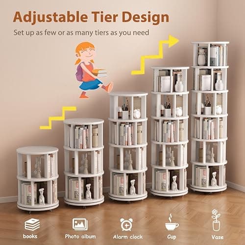 Muwuele Solid Wood Rotating Bookshelf on Wheels, 6 Tier, Round Revolving Bookcase, 360° Spinning Book Shelf Tower for Kids, Narrow Rolling Bookshelves for Small Space, Corner, Bedroom, Office, White thumbnail 7