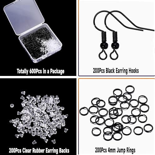 600Pcs Hypoallergenic Black Earring Hooks, Making Kit With Backs and Jump Rings for Jewelry Making Supplies (Black) thumbnail 2