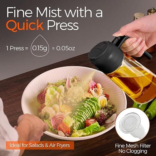YARRAMATE 16oz/470ml Glass Olive Oil Sprayer for Cooking with Stickers, 2 in 1 Oil Dispenser for Kitchen Gadgets, Food Grade Premium Spray Bottle with Portion Control for Salad, Frying, BBQ (Black) thumbnail 4