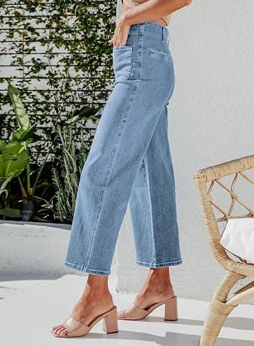 Sidefeel Women's Wide Leg Jeans High Waisted Zimbaplatinum Stretchy Straight Leg Jeans Buttoned Loose Denim Pants with Pocket thumbnail 2
