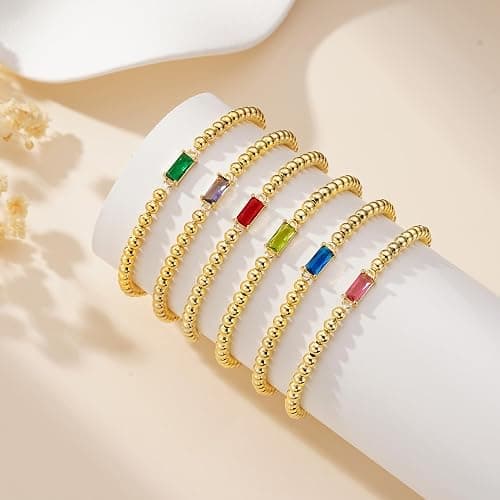 Yoosteel Dainty Birthstone Bracelet for Women - Elastic 14K-Gold-Plated Bead Bracelets Trendy Friendship Birthday Jewelry Gifts Christmas Stocking Stuffer for Women thumbnail 7