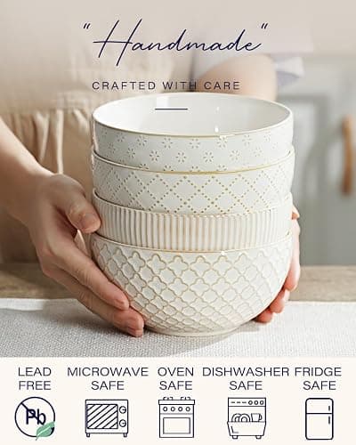 getstar Ceramic Soup Bowls, Big Cereal Bowl Set of 4 with Assorted Embossment (6.1 inch & 30 oz), Farmhouse Vintage Color Bowls for Kitchen thumbnail 5