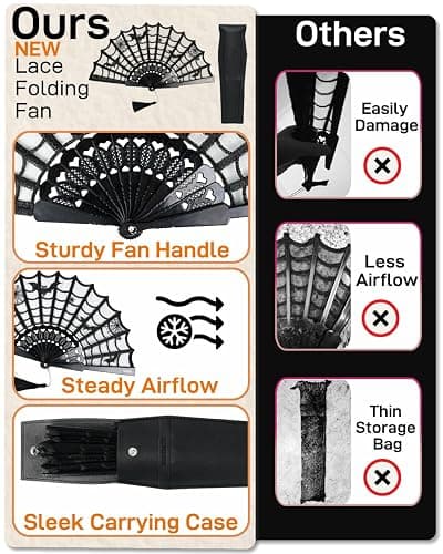 Kaitiaki Goth Folding Fan - Black Lace Handheld Fan with Spooky Spider Web Design, Gothic Accessories, Coffin Carrying Sleeve, High Airflow Fabric, Perfect for Halloween Costume thumbnail 4