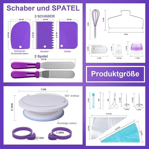 Torten Zubehör Set, 137-teiliges, mit Drehteller Tortenplatte Drehbar, Edelstahl und PP-Material, Lnklusive Kuchenschaber, Spritztüllen Set Cake Decorating Turntable für Anfänger und Profis(Lila) thumbnail 4