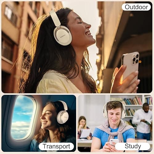 RORSOU B8 Bluetooth Headphones Over Ear, 6 EQ Music Modes and 50H Playtime Deep Bass Wireless Headphones with Mic, Lightweight Folding HiFi Stereo Headset for iPad/Travel/Tablet/PC/Home Beige White thumbnail 7