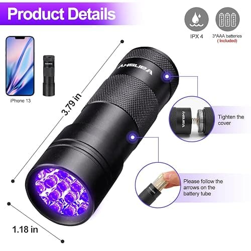 Vansky Black Light UV Flashlight Blacklight 12 LED Urine Detector for Dog/Cat/Pet Urine & Dry Stains and Bed Bug On Carpets/Rugs/Floor,Matching with Pet Odor Eliminator - 1 Pack thumbnail 7