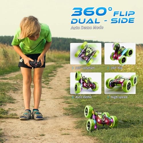 Zalneo Remote Control Car – 4WD 360° Flip Double‑Sided RC Stunt Car LED Light Bar & USB‑C Modular Battery, Off‑Road Toys for Boys Ages 6‑12, Birthday Gift, Black‑Green thumbnail 6