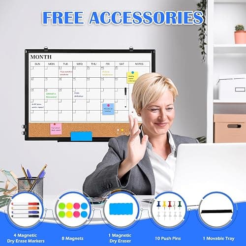 Monthly Calendar Whiteboard Dry Erase Cork Board Combo, 24" x 18" Magnetic Double-Sided Calendar White Board and Bulletin Board with Black Aluminium Frame, Portable Whiteboard for Office, Home, School thumbnail 6