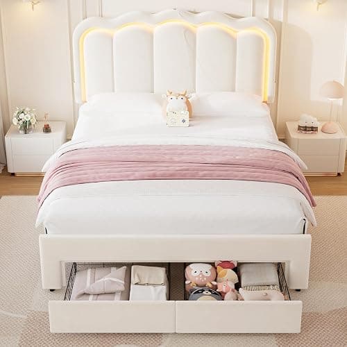 Full Upholstered LED Bed Frame with 2 Storage Drawers and Adjustable Chic Double Wavy Headboard, Velvet Princess Platform Bed with Charing Station, Solid Wood Slats Support,No Box Spring Needed,Beige thumbnail 3