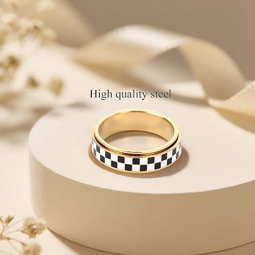 MHWTTY Fidget Ring for Anxiety Women Men, Black and White Checkered Pattern Stainless Steel Spinner Jewelry Anxiety Relief Items for Adults Gold Plated/Silver Size 5-11 thumbnail 7