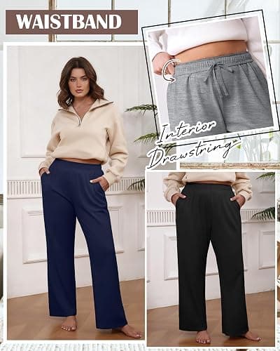 Oakgarden 3 Pack Women's Plus Size Sweatpants Casual Wide Leg Interior Drawstring High Waist Yoga Baggy Pants with Pockets thumbnail 4
