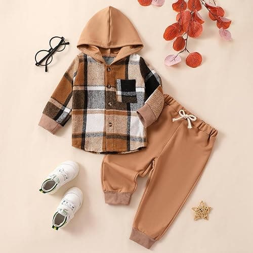 Douhoow Toddler Unisex Baby Clothes Boys Girls Flannel Shirt Tops Plaid Hoodie Sweatshirt + Sweatpants Fall Winter Outfits thumbnail 2