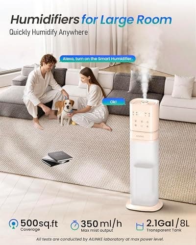 AILINKE Smart Humidifier Large Room, 2.1Gal/8L Humidifiers for Bedroom with Extended Tube&Night Light, Whole House Cool Mist Humidifiers, WIFI App&Voice Control, Home/Kids/Baby, Pale Pink thumbnail 2