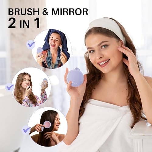RHOS Hair Brush with Mirror for Women, Girls - Compact Folding Brush with Soft Nylon Bristles and Mirror - Portable Hair Brush for Travel (Purple) thumbnail 2