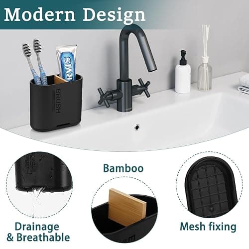 Toothbrush and Toothpaste Holder with Bamboo Divider for Bathroom Countertop Organizer, Detachable for Easy Clean, 2 Slots Electric Toothbrush Holders Storage Caddy Drainage for Family-Black thumbnail 4