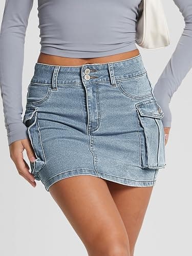 LILLUSORY Women Cargo Mini Skirt Denim Jean Dress with Pocket thumbnail 2