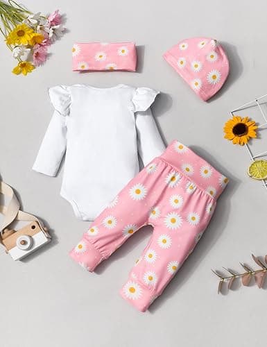 TyeSmo Infant Newborn Baby Girl Clothes Baby Girl Outfits For All Seasons Long Sleeve Snap Romper Pant Sets With Headband thumbnail 9