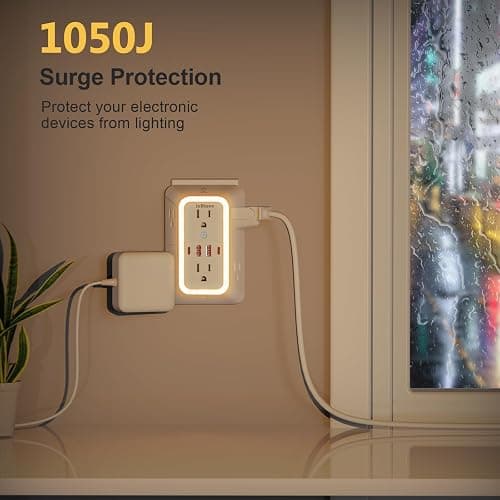 Wall Outlet Extender with Night Light, Power Plug Adapter 6 Outlet Extender with 4 USB Charging Ports 1050J Power Strip Multi Plug Adapter Spaced for Home Travel Office (2U2C)-ETL thumbnail 6