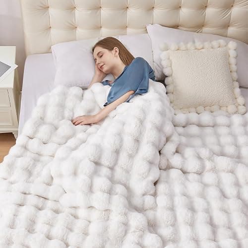 Anysay Faux Fur Throw Blanket, 1000GSM Fluffy Soft Bubble Blanket for Couch Bed, Cozy Plush Warm and Thick Blanket, Fuzzy Rabbit Throw for Living Room Bedroom 50''*60'' White thumbnail 3