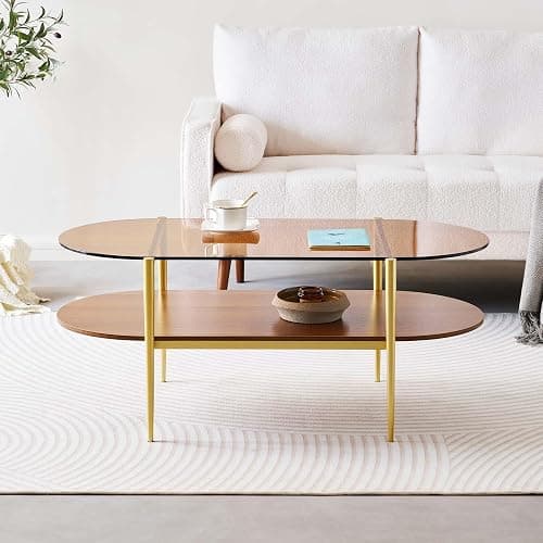 LumFurn Oval Glass Coffee Table, Mid-Century Modern Design, L41 x W21 x H17 inch, for Living Room, 2-Tier Structure, Amber Glass Top and Walnut Finish Wood Shelf, Conical Legs with Gold Finish Frame thumbnail 4