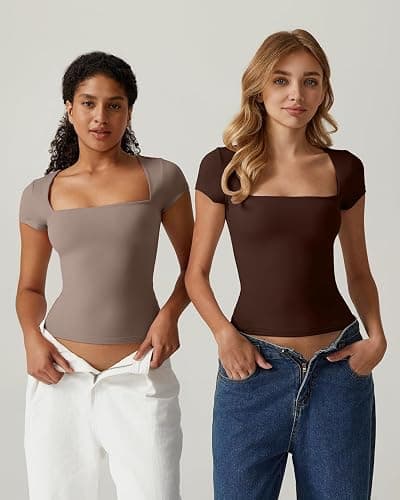 QINSEN Women's Square Neck Short Sleeve T Shirts Double Lined Basic Tee Slim Fit Tops thumbnail 3