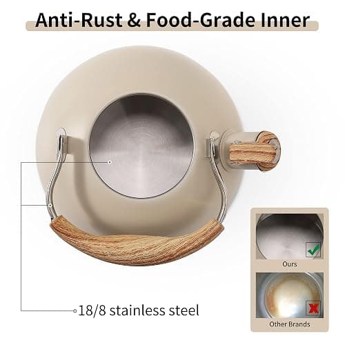 LONFFERY Tea Kettle for Stove Top, 2.5 Quart Whistling Tea Kettle, with Food Grade Stainless Steel and Wood Pattern Folding Handle, Creamy White thumbnail 6