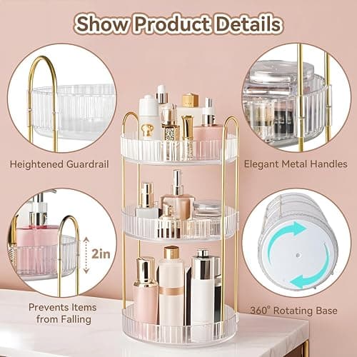 360° Rotating Makeup Organizer for Vanity, 3 Tier Perfume Organizers Skincare Organizers and Storage for Bathroom Countertop, Spinning Cosmetic Organizer for Bedroom Dresser Counter, Clear thumbnail 6
