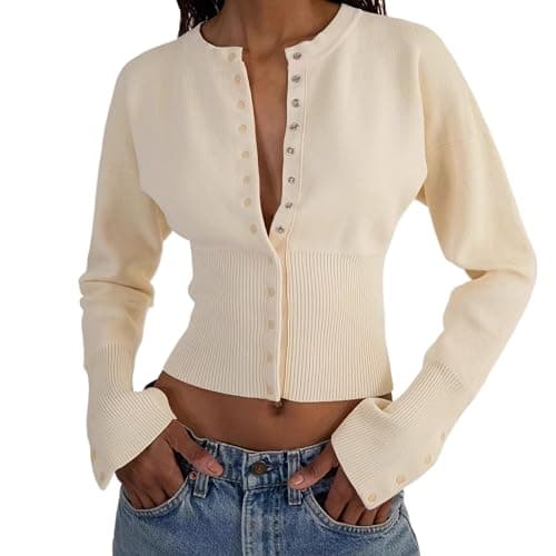 TYATVS Button Up Cardigan Knitted Crop Cardigan Chunky Knit Cardigan for Work Casual Fall Tops Old Money Clothes - Image 1
