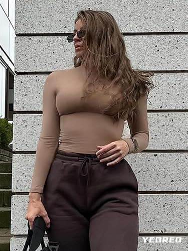 YEOREO Long Sleeve Workout Crop Mock Thermal Turtle Neck Double Lined Base Tops Shirts Women Sariah Y2k Undershirt thumbnail 3