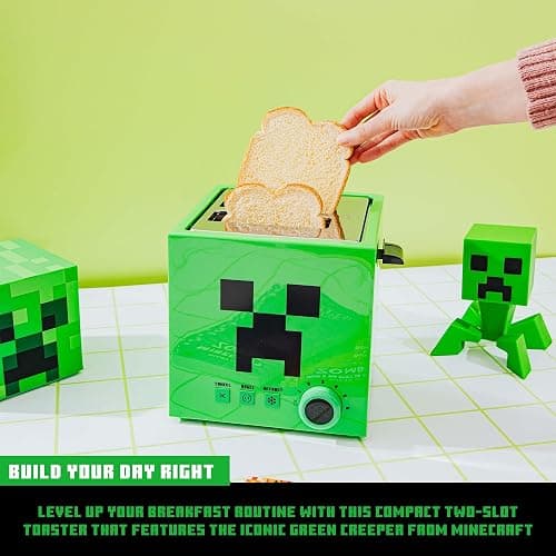 Minecraft Green Creeper 2-Slice Toaster For Bagels, Waffles, and Breads | Features 6 Settings With Defrost Option | Imprints Creeper Symbol On Bread thumbnail 3