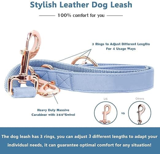 Soft Leather Dog Collar and Leash (6.6') Set - Stylish Rose Gold Heavy Duty Metal Buckle, 4 Adjustable Lengths Leash for Small Medium Large Dogs - Comfortable & Easy to Clean BluePurple L(15.4"-24.8") thumbnail 5