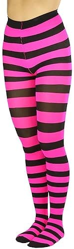 ToBeInStyle Women’s Wide Horizontal Contrast Stripe Tights Opaque Hosiery - One Size - Black and Hot Pink thumbnail 3