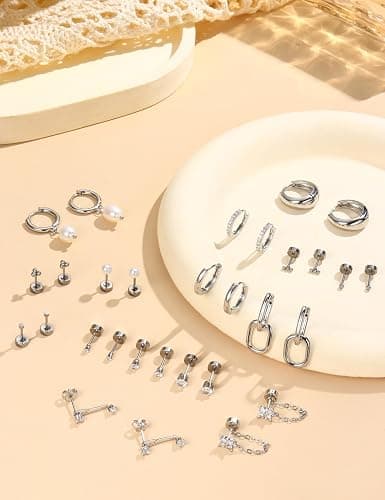 15Pairs Flat Back Earrings for Women Hypoallergenic Surgical Steel Earrings for Sensitive Ears-20G Cartilage Earring Stacks 14K Gold Plated Hoops Flatback Stud Earring Sets for Multiple Piercing thumbnail 7