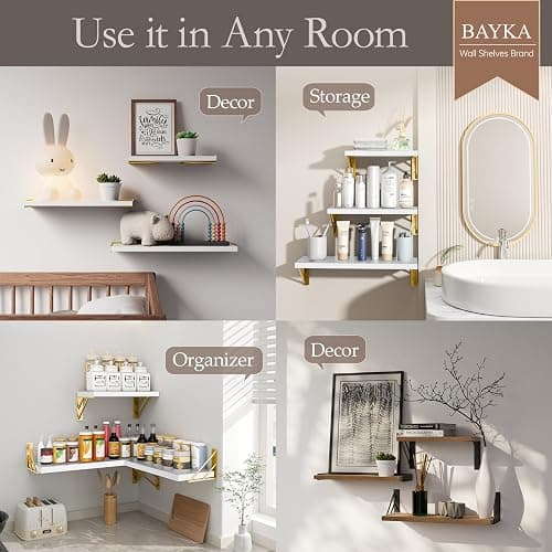BAYKA Wall Shelves for Bedroom Decor, Floating Wall Shelves for Living Room Kitchen Storage, Wall Mounted Rustic Wood Shelves for Kids Books,Corner Shelves for Bathroom(White and Gold，Set of 3) thumbnail 5