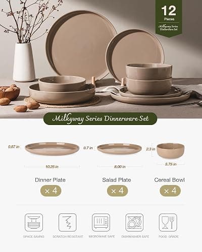 Famiware Milkyway 12-Piece Stoneware Dinnerware Set, Cinnamon Brown | Plates and Bowls for 4, Dishes Set for Everyday & Formal Use, Microwave & Dishwasher Safe, Chip & Scratch Resistant thumbnail 3