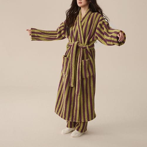 Homgro Women's Fuzzy Fleece Long Robe Striped Plush Kimono Warm Thick Fluffy Oversized V Neck Loungewear Maxi Bathrobe thumbnail 5