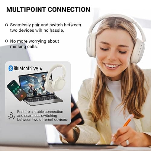 Edifier V80 Hybrid Active Noise Cancelling Headphones, True Wireless Over Ear Bluetooth Headset with 45H Playtime Hi-Res Audio Fast Charging Multipoint Connection for Travel Home Office - Ivory thumbnail 4