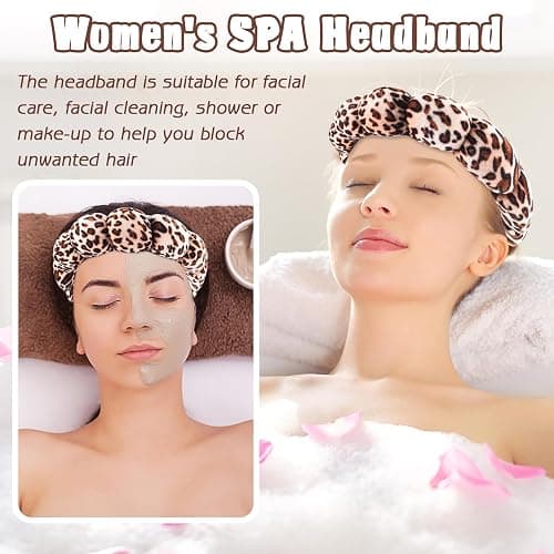 Zkptops Spa Headband for Washing Face Wristband Set Sponge Makeup Skincare Velvet Fabric Bubble Soft Get Ready Hairband for Women Girl Puffy Padded Headwear Non Slip Thick Hair Accessory(Leopard 1) thumbnail 3