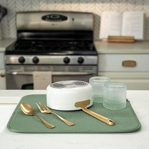 S&T INC. Dish Drying Mat, Highly Absorbent Microfiber Kitchen Counter Mat, Dish Drying Pad for Dishes, Utensils, Pots and Pans, Large 16" x 18", Green - Green - 16" x 18" thumbnail 5