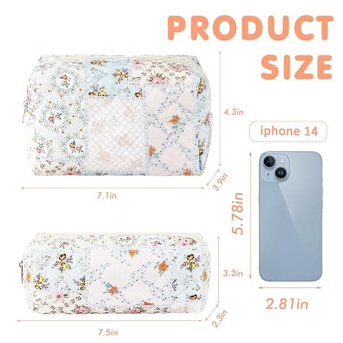 URSKYTOUS 2Pcs Cotton Quilted Makeup Bag for Women Girls Coquette Small Floral Cosmetic Bags Cute Zipper Pencil Pouch Aesthetic Makeup Pouch Trendy Cloth Bee&Flower Travel Toiletry Skincare Bag thumbnail 7