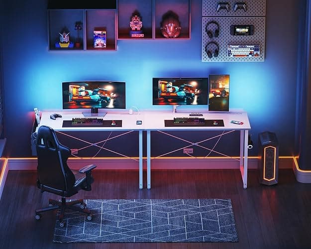 KKL Small Desk with Power Outlets and USB Port Computer Desk for Home Office Gaming Simple Modern Style Writing Desks with Storage Bag Headphone Hook, 40 inch, White - White - 40 inch thumbnail 7